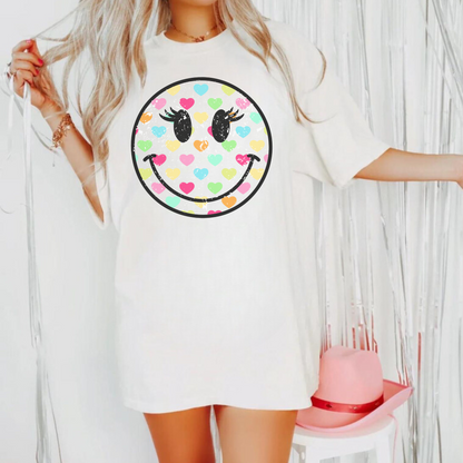 Solid White Hearts Aflutter Smiley Tee