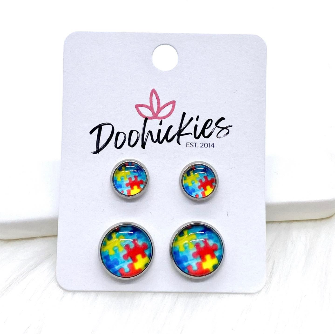 Autism Awareness Mommy & Me in Stainless Steel Settings -Earrings