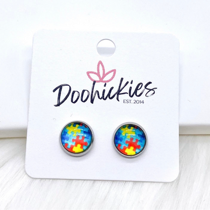 Autism Awareness Singles in Stainless Steel Settings -Earrings